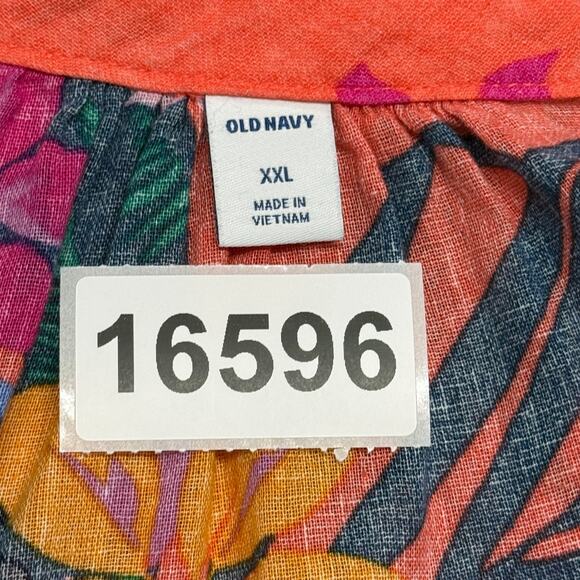 Old Navy Top Womens XXL Orange Blue Hawaiian Floral Linen Blend Beachy Coastal - Picture 9 of 9